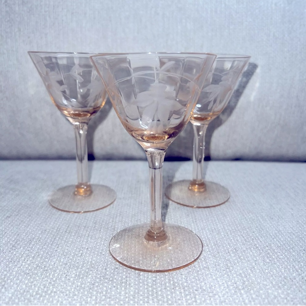 Set Of 3 Vtg Pink Depression Tiffin Style Optic Etched Cordial Sherry Glasses
